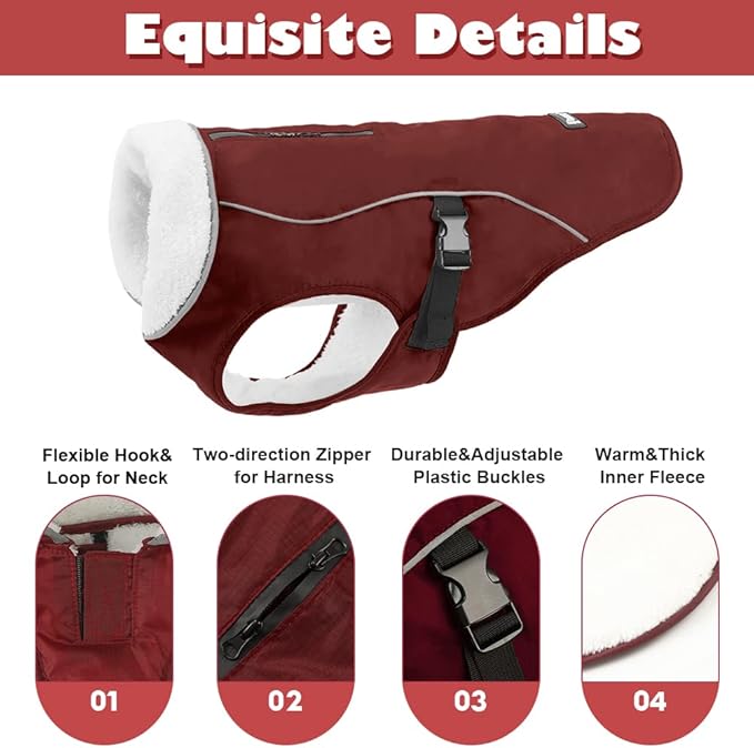 EMUST Winter Dog Jacket, Windproof Dog Apparel for Cold Weather, Reflective Warm Coats for Dogs, Warm Puppy Jacket for Cold Winter, Burgundy, S