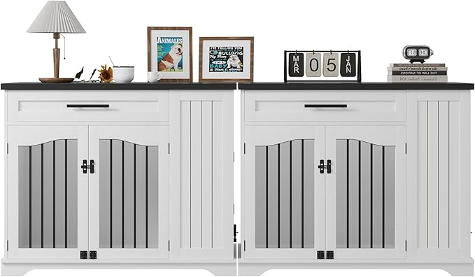 Furniture Style Dog Crate for Large Dogs, 44 Inch Heavy Duty Wooden Dog Kennel Furniture with Drawer & Side Storage and Bulit-in Feeding Station,White