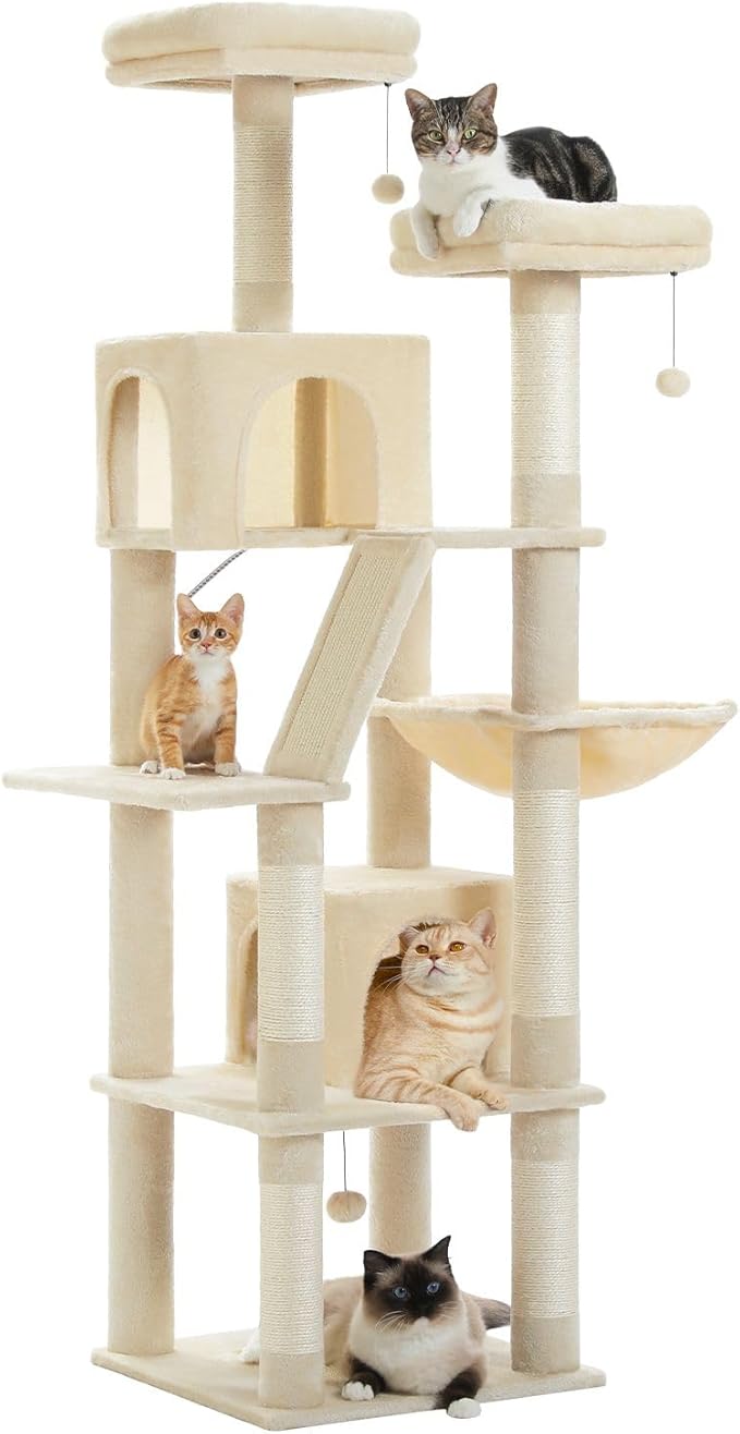 PAWZ Road 70 Inch Cat Tower, Tall Cat Tree with 2 Cozy Condos, 2 Plush Perch, Large Basket, 2 Scraching Pad & 6 Scraching Posts for Indoor Cats Large Adult, Beige