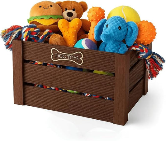 Hope Haven Wooden Dog Toy Bin – Chew-Resistant Toy Storage Box – Large Capacity Basket for all Pet Accessories – Heavy Duty, Pet-Safe Design for Organizing Dog Toys, Leashes, Treats, and More
