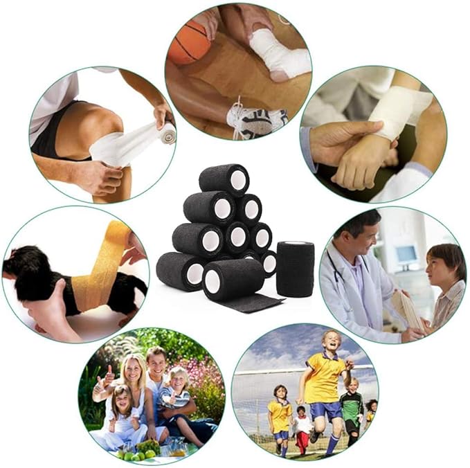 12 Rolls Elastic Self Adhesive Bandage Wrap 3 Inch, Breathable Non Woven Cohesive Bandage, Vet Wrap for Dogs, Ankle Sprains Swelling Medical First Aid Tape, Sports Athletic Tape Black