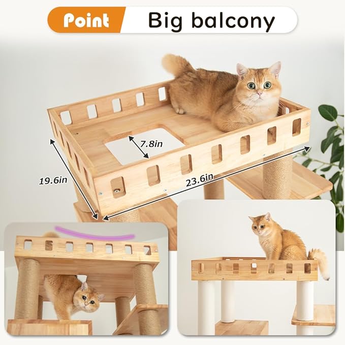 74" Wooden Cat Tree Tower for Large Cats, Multi-Level Cat Climbing Furniture with Scratching Posts, Cat Condo & Hammock, Natural Wood Cat Activity Center(White)