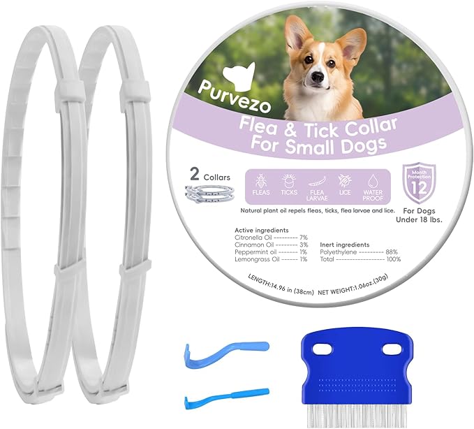Flea and Tick Collar for Small Dogs,Under 18 lbs,12-Month Protection,Natural Ingredients,Waterproof & Adjustable,Includes Flea Comb & Tick Removal Tool,2 Pack