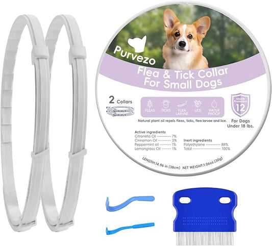 Flea and Tick Collar for Small Dogs,Under 18 lbs,12-Month Protection,Natural Ingredients,Waterproof & Adjustable,Includes Flea Comb & Tick Removal Tool,2 Pack