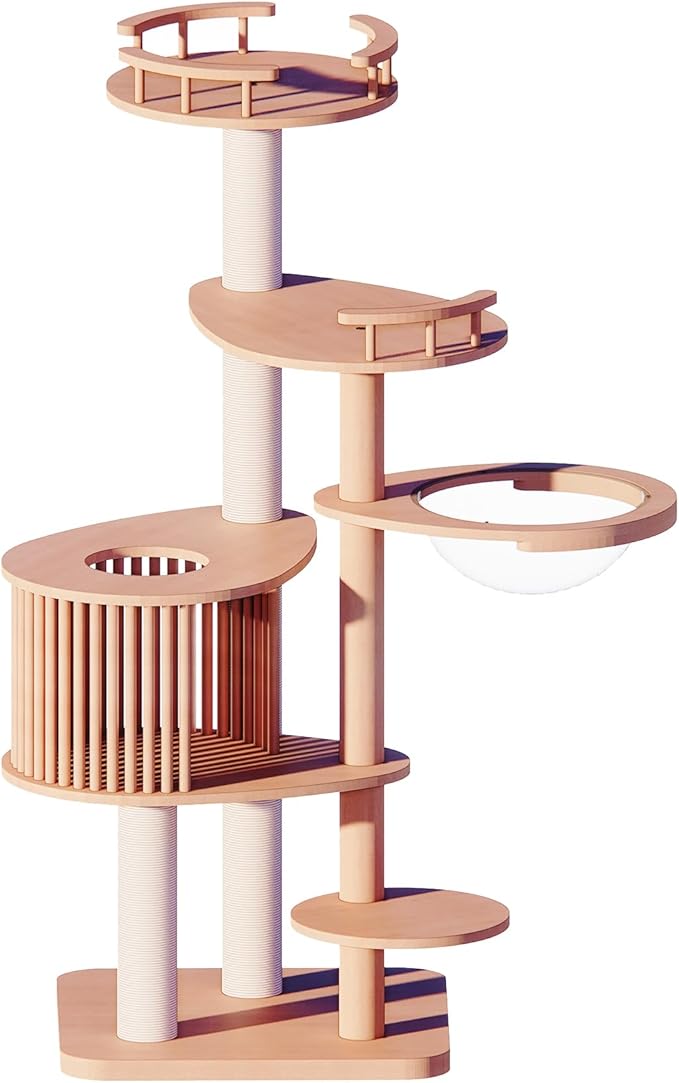 Downpat Cat Tree 61.1" Solid Wood Multi-Level Cat Tower with Condo,Cat Scratching Post,Jumping Space,Furniture Suitable for Cats