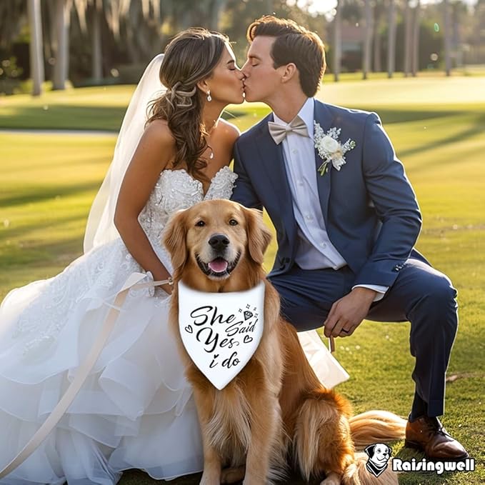 Engagement Gift for Couples Dog Bandana 1 Pack 2 Pattern Reversible, She Said Yes Dog Bandanas,Wedding Party Triangle Scarf for Medium to Large Breed Dogs (Large)