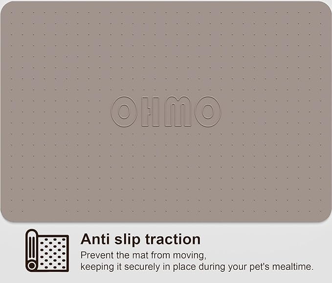 OHMO Dog Food Mat, Silicone Waterproof Cat Food Mat, Non-Skid Spill Proof Pet Feeding Mat for Food and Water, Easy to Clean Dog Placemat(Beige, 18.9" x 11.8")