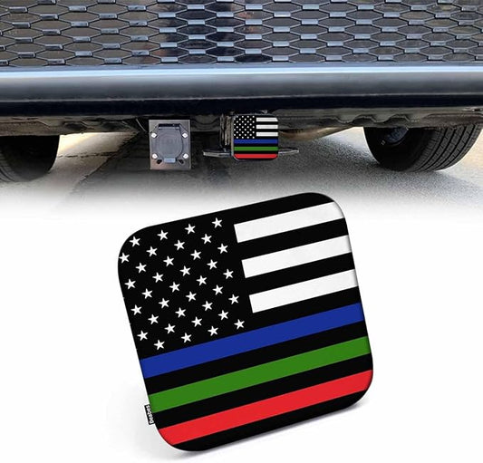 Hitch Cover 2" American Flag, Thin Red Green Blue Line Memorial USA Flag Rubber Receiver Tube Hitch Plug Truck Hitch Covers, Trailer Hitch Cover Plug Cap for Most Vehicles