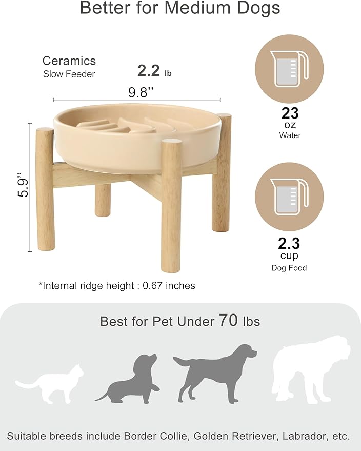 Ceramic Maze Dog Slow Feeder with Non-Slip Silicone Rim (& Bamboo Stand) – Heavy-Duty Stoneware Bowl with Puzzle Pattern for Bloating & Obesity Prevention (Raised-Apricot-M)