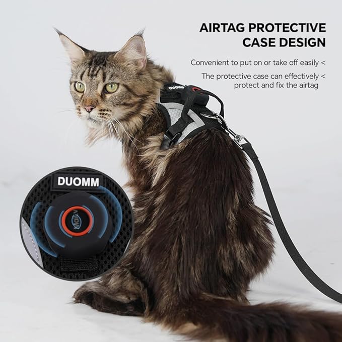 Cat Harness Leash Set with AirTag Holder, Upgraded Escape Proof Vest with Lead for Small Cat Kitten Puppy Small Dog Outdoor Walking, Soft Breathable Mesh Jacket with Reflective Strip (Black, S)
