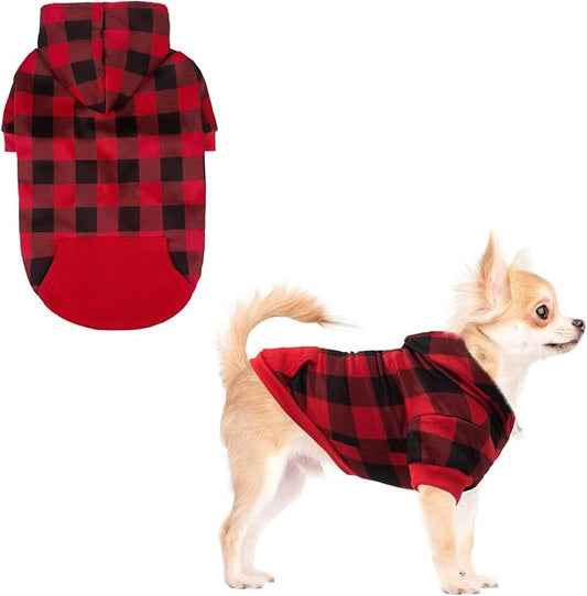 KOOLTAIL Plaid Dog Hoodie for Small Medium Large Dogs - Pet Clothes Sweater with Hat and Pocket for Cold Weather Winter, Warm Soft Dog Hooded Sweatshirt Coat Outfit for Puppy Cats Girls Boys Red XS