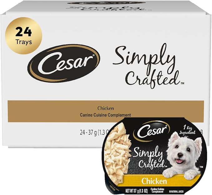 Cesar Simply Crafted Adult Wet Dog Food Meal Topper, Chicken, 1.3 oz. Tubs (24 Count, Pack of 1)
