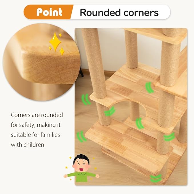 74" Wooden Cat Tree Tower for Large Cats, Multi-Level Cat Climbing Furniture with Scratching Posts, Cat Condo & Hammock, Natural Wood Cat Activity Center(White)