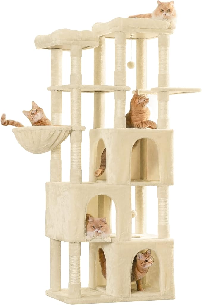 MWPO Extra Large Cat Tree - 70.1-Inch Tall Cat Tower with 3 Cat Condos, Multi-Level Cat Stand for Large Cats Featuring Scratching Posts, Padded Perches, Hammock, Dangling Toys, Beige