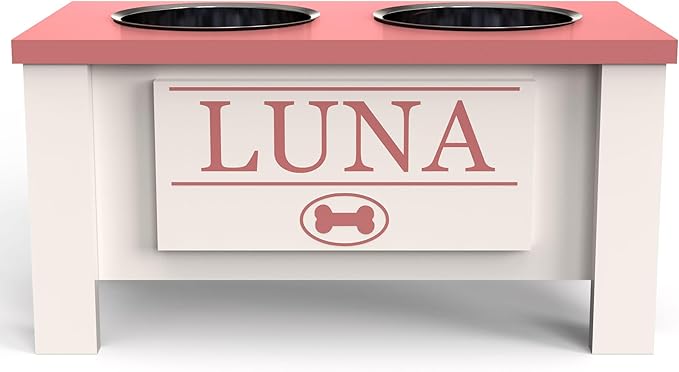 GrooveThis Woodshop - Personalized Elevated Dog Bowl Stand for Large, Medium, Small, X-Small Dogs - Stainless Steel Food and Water Bowls - Raised Dog Dish with Internal Storage (Medium, Magenta)
