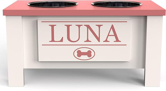 GrooveThis Woodshop - Personalized Elevated Dog Bowl Stand for Large, Medium, Small, X-Small Dogs - Stainless Steel Food and Water Bowls - Raised Dog Dish with Internal Storage (Medium, Magenta)
