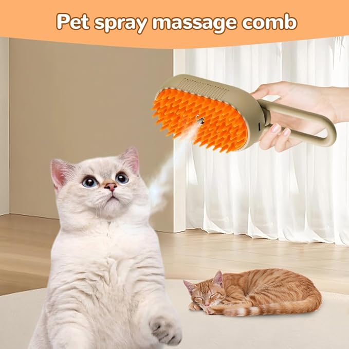 2025 New Cat Steam Brush, 3 in 1 Pet Steam Groomer Comb, Rechargeable Pet Steam Groomer Brush for Massaging and Cleaning Shedding Pets Hair, Anti-Static Hair Removal Comb for Cats Dogs (Khaki)