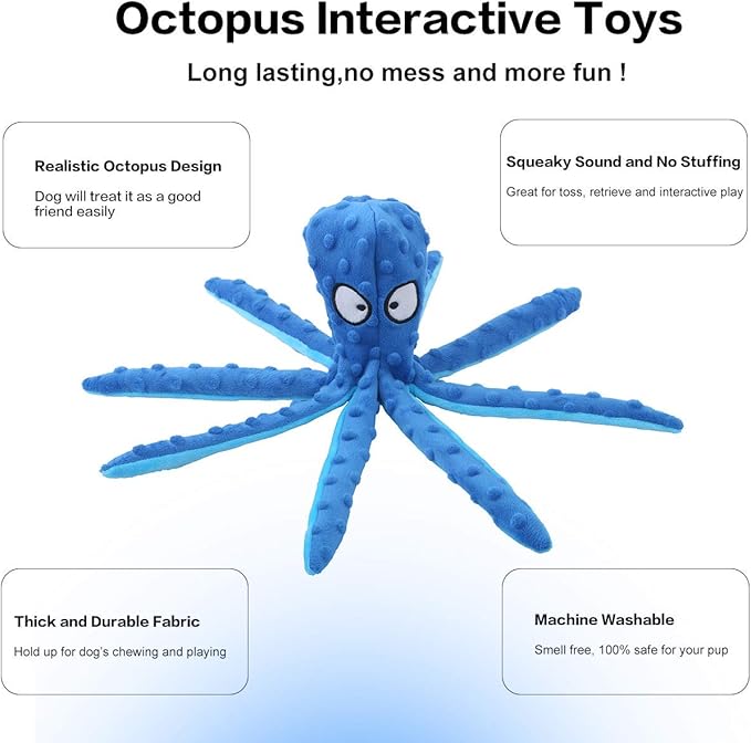 Dog Squeaky Toys Octopus - No Stuffing Crinkle Plush Dog Toys for Puppy Teething, Durable Interactive Chew Toys for Small, Medium and Large Dogs Training and Reduce Boredom, 2 Pack