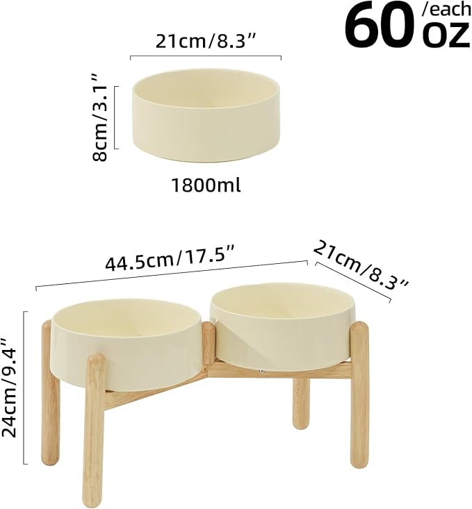 Ceramic 8.2inch Raised Dog Bowl with Stand for Large- Breed Dogs, Pet Food and Water Feeder (Double Bowl with Stand - Beige)