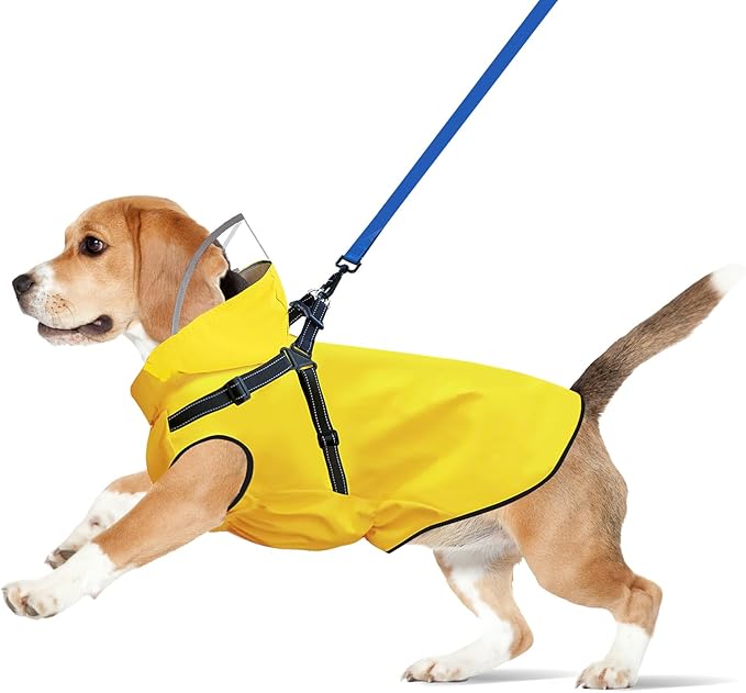 Dog Raincoat: Dog Rain Jacket with Reflective Harness & Removable Hood | Waterproof Dogs Rain Coat Poncho for Large Medium Small Dogs Puppies (Yellow - M)