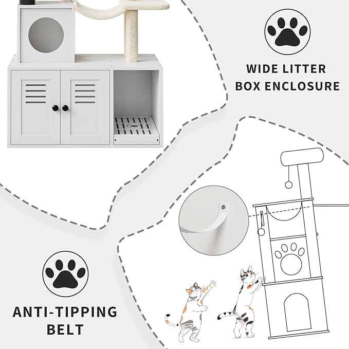 Litter Box Enclosure with Cat Tree Tower and Condo, Hidden Cat Washroom Furniture with Sisal Scratching Post & Soft Plush Perch, Wooden Cat Furniture with Multiple Platforms,White