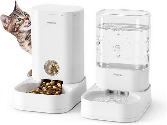 PAWGETHER® 2 Pack Gravity Cat Feeder and Water Dispenser 1 Gallon/3.5L Automatic Cat and Dog Feeder and Watererer with Pet Food Bowl for Puppy Kitten Rabbits