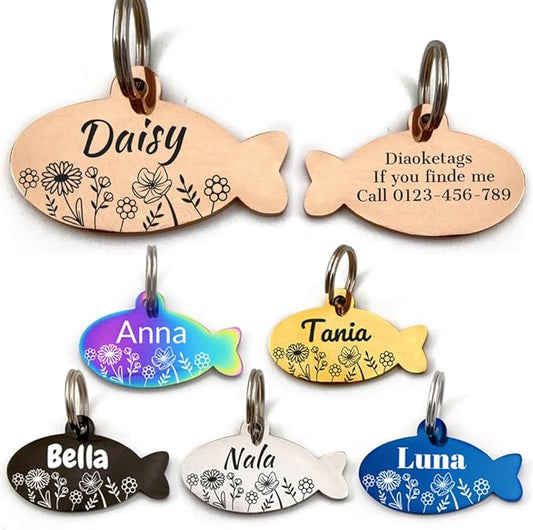 Stainless Steel Cat ID Tag Personalized Pet Tags with up to 4 Lines of Custom Text, Small Pet Mini Dog Cat Tag Lightweight, Engraved on Both Sides, Multiple Patterns Colors Size Options (Daisy)