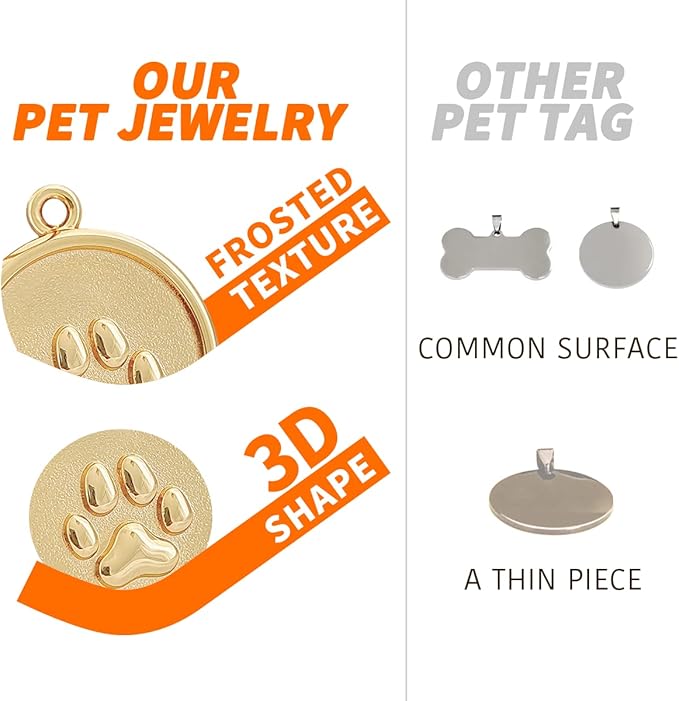 Dogs ID Tags Personalized Double Sided Deep Engraved Cat & Dog Collar Charm Round Shape Frosting Process Silver/Gold Plated (PAW-Gold)