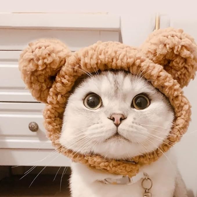 JOICEE Cute Cat Costume Warm Bear Hat Adjustable Soft Small Pet Headwear for Puppy Dog (Brown)