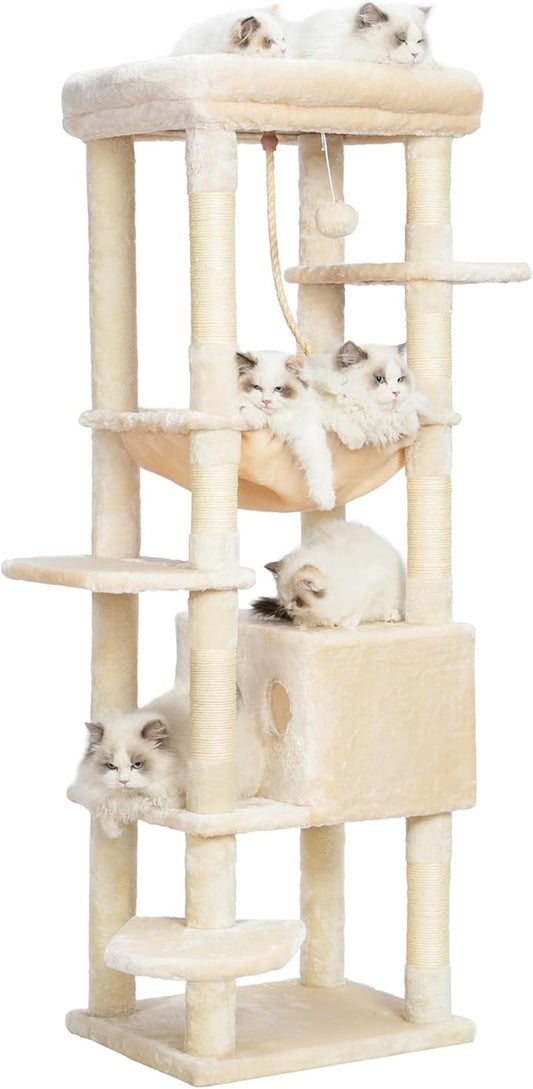 Heybly Cat Tree for Large Cats 20lbs Heavy Duty,60 inches XXL Cat Tower for Indoor Cats, Multi-Level Furniture Condo with Big Padded Plush Perch, Cozy Basket, Beige HCT050M