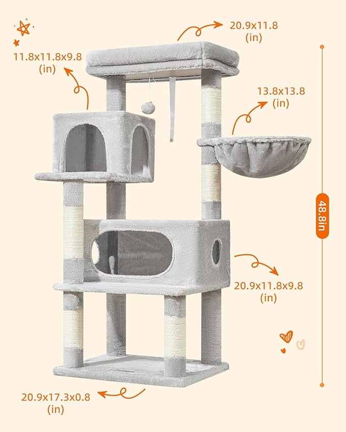Taoqimiao Cat Tree,49-Inch Cat Tower for Indoor Cats,2 Luxurious cat condo with Adjustable Large Hanging Baskets and Large Luxurious Perch Light Gray MS029LW