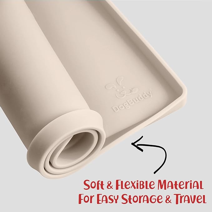 DogBuddy Dog Food Mat – Waterproof Dog Bowl Mat for Food and Water, Silicone Pet Feeding Mats for Floors, Non-Slip Placemat with High Edges for Dogs Bowls, Puppy Essentials (XXL: 32"x24", Vanilla)