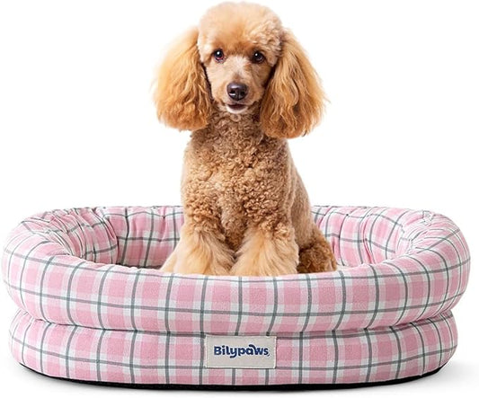 Orthopedic Dog Bed for Medium Size Dogs, Pet Sofa Bed with Egg Crate Foam, 4-Sided Bolster, Removable Washable Cover & Anti-Slip Bottom, Medium Pink Plaid
