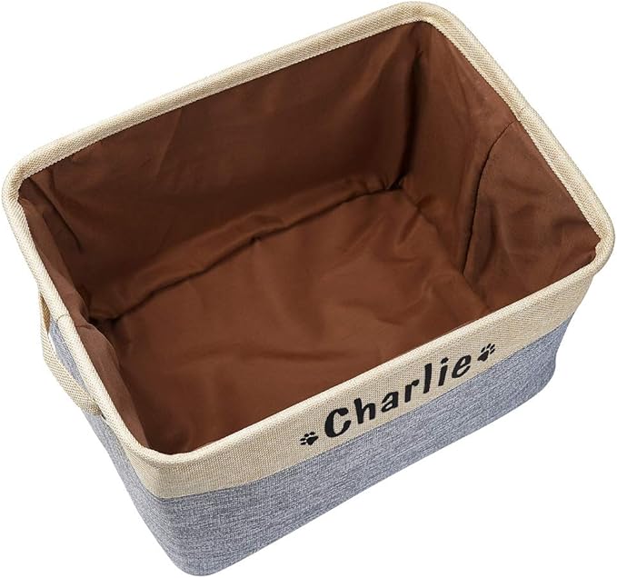 PET ARTIST Collapsible Dog Toy Storage Basket Bin with Personalized Pet's Name - Rectangular Storage Box Chest Organizer for Dog Toys,Dog Coats,Dog Clothing,Dog Apparel and Accessories,Grey