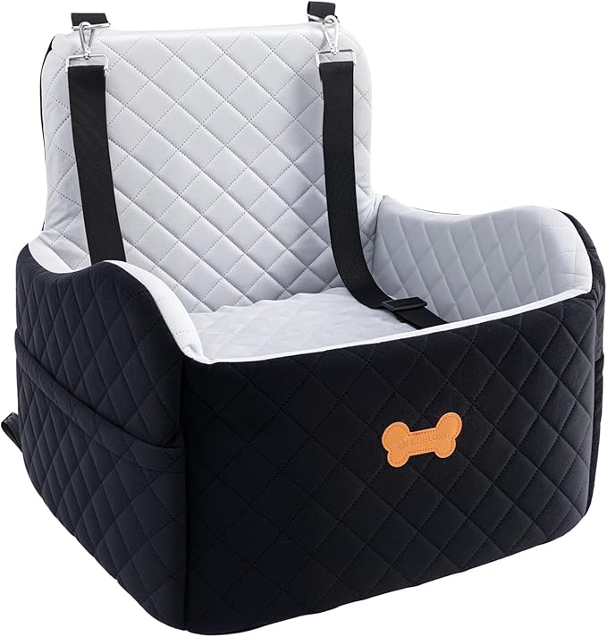 Dog Car Seat for Small Dogs, Dog Booster Seat Filling in Thick Memory Foam with 2 Safety Leashes and Storage Pocket, Suitable for Pet Under 30lb or 2 Puppies (Grey/Black)