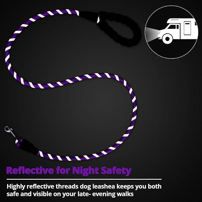 Rope Dog Leash 5 FT: Heavy Duty Leashes with Swivel Lockable Hook Reflective Threads Bungee and Padded Handle - Dog Lead for Large Small Medium Dogs Outside Walking Hiking Purple