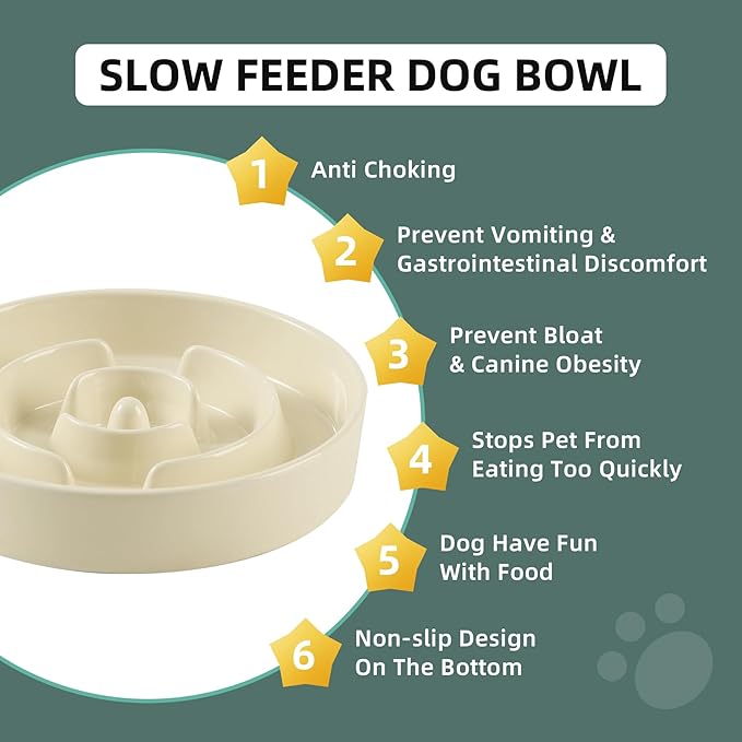 Ceramic 3.2 Cup Slow Feeder Dog Bowl for Large Dog, 9.5inch Puzzle Food Dish, Anti-Gulping, Stop Bloat, Preventing Choking (Single Bowl-Beige)