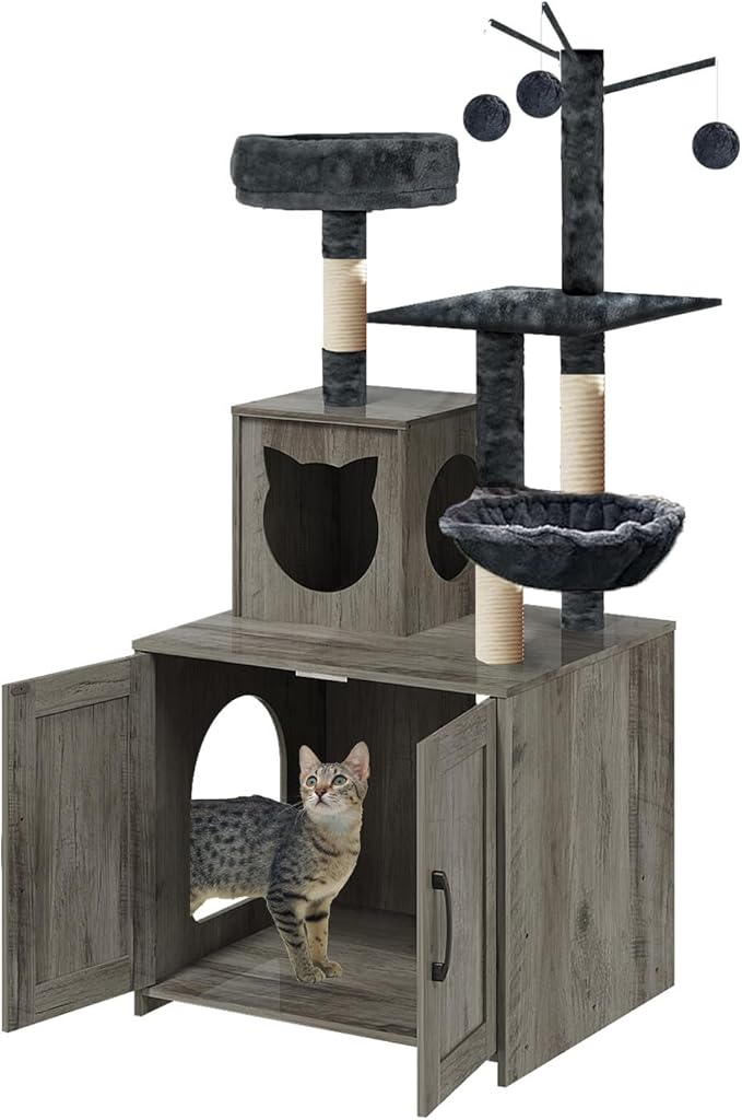 Cat Tree with Litter Box, Wood Litter Box Enclosure with Food Station, Modern Cat Tower for Indoor Large Cats with Large Platform,Cat Condo with Scratching Posts, Hammock, Caves, Basket,Grey