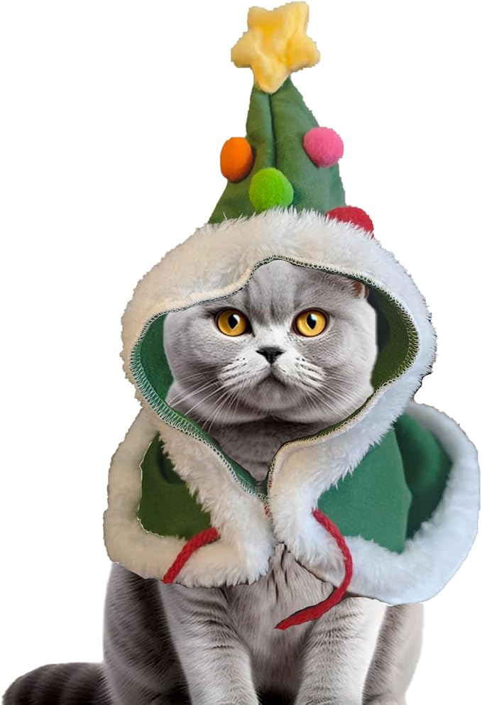 Cat Christmas Costumes Outfit Green Xmas Tree Elf Pet Cloak with Hat with Star and Pompoms Puppy Cape Clothes Party for Small Dogs Cats Pet Santa Presents,Green,Small PC305-1-S