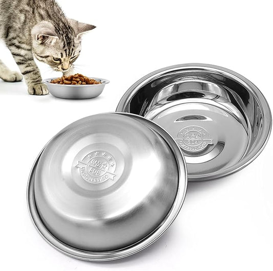 Stainless Steel Cat Bowl - Shallow Wide Flat Cats Food Bowls,Metal Kitten Dishes Whisker Friendly Fatigue Relief,Replacement Basic Kitty Plates for Elevated Stand,Dishwasher Safe（Set of 2）