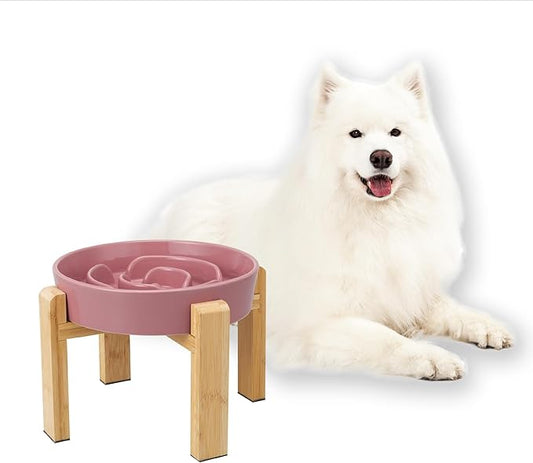 Elevated Slow Feeder Dog Bowl - Ceramic Food Dish with Bamboo Stand - Raised Maze Design - Ideal for Medium to Large Dogs - Pink - 8.8 inch