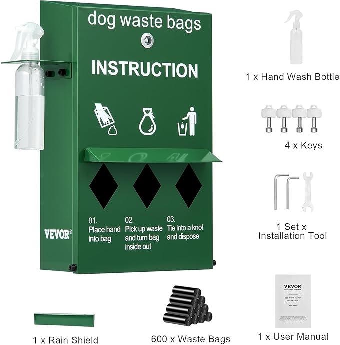 VEVOR Dog Poop Bag Dispenser with Hand Wash Bottle, Lockable Outdoor Dog Waste Bag Holder with 600 Waste Bags, Stake, Pole, Fence & Wall Mounted Dog Poop Bag Storage, Pet Waste Station for Porch, Lawn