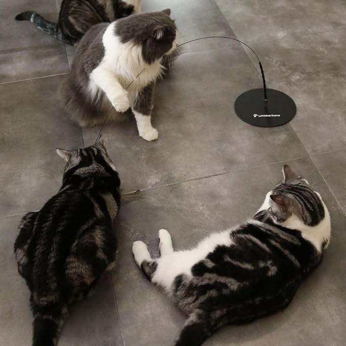 Whiskertons Interactive Bird Simulation Cat Toy Set, Interactive Cat Toys for Indoor Cats, Cat Feather Toy, Self-Holding Suction Base, 5 Replacement Birds, Feathers & Bells (Weighted Base + Wire)