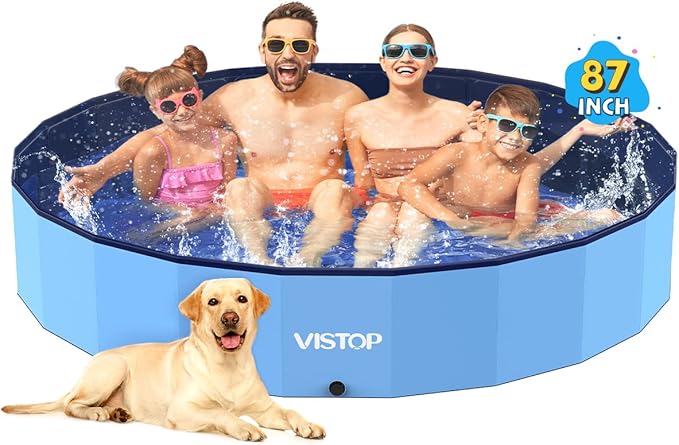 VISTOP Jumbo Foldable Dog Pool, Hard Plastic Shell Portable Swimming Pool for Dogs Cats and Kids Pet Puppy Bathing Tub Collapsible Kiddie Pool (87inch.D x 15.7inch.H, Blue)