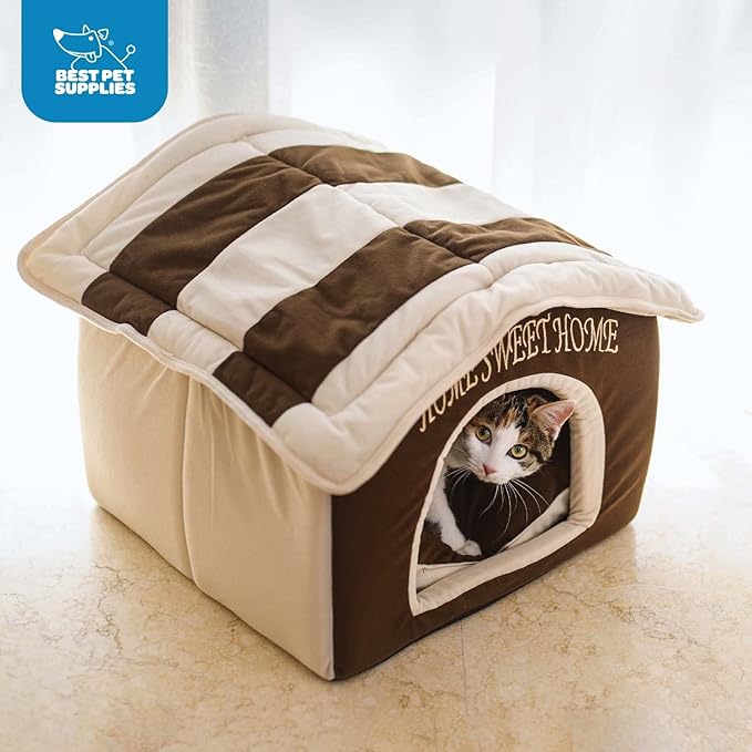 Best Pet Supplies Dog House Bed Crate Mat Tent Indoor Round Soft Plush for Small, Medium, and Large Breeds - Beige w/Brown Stripes, 16 x 16 x 14"