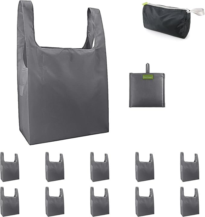 BeeGreen Grey Reusable Grocery Bags with Zipper Storage Pouch 10 Packs Gray Reusable Shopping Bags Bulk with Elastic Band Foldable-Machine Washable
