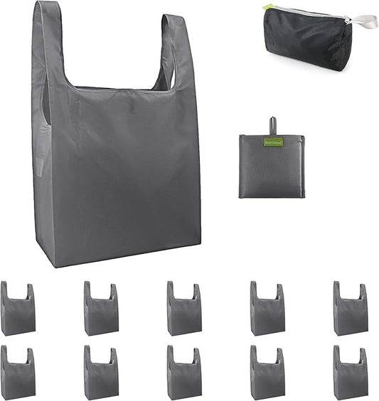 BeeGreen Grey Reusable Grocery Bags with Zipper Storage Pouch 10 Packs Gray Reusable Shopping Bags Bulk with Elastic Band Foldable-Machine Washable