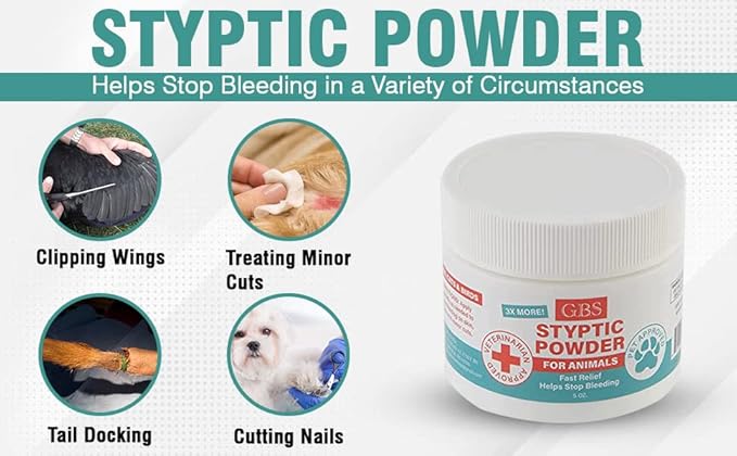 G.B.S 5 oz Styptic Powder for Dogs, Cats & Birds – Quick Blood Clotting for Nail Clipping, Minor Cuts, Tail Docking & Wing Clipping – Pet First Aid Hemostatic Powder with Sealed Top & Scoop (3)