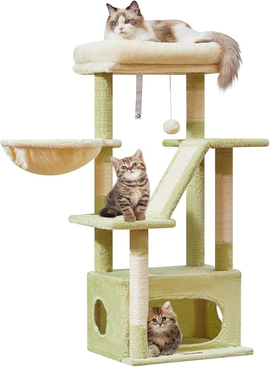 Taoqimiao Cat Tree,38.5-Inch Cat Tower for Indoor Cats,Suitable for Kittens with Luxurious cat condo with Adjustable Baskets and Luxurious Perch MS029SGB Green and Beige
