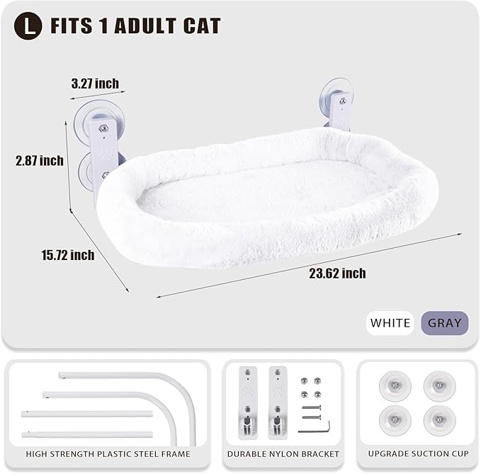 Cat Window Perch with Strong Suction Cups, Cat Window Hammock Foldable Bed with Breathable Mesh, All-Season Lounger for Medium Small Cats to Bird Watch & Sunbathe (White, L)